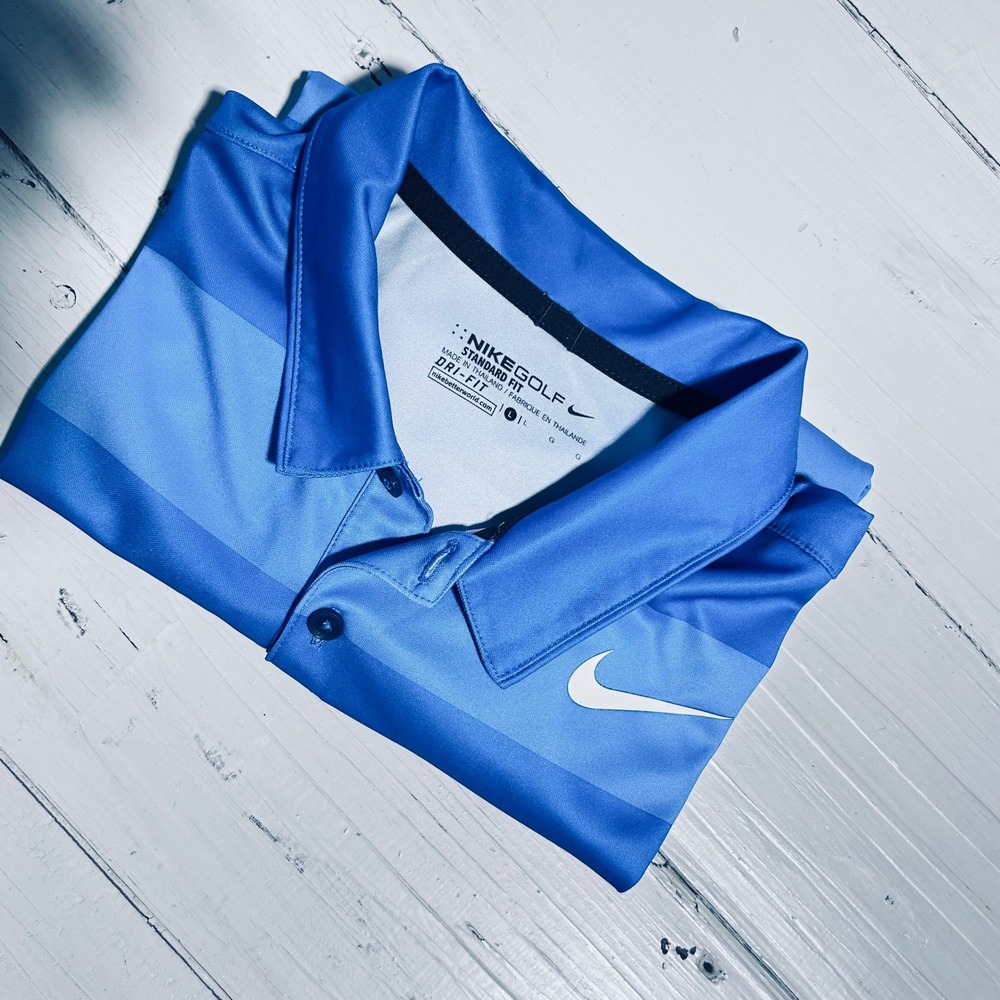 Nike Golf Polo Shirt Mens L Blue Striped Dri-FIT Standard Fit Athletic